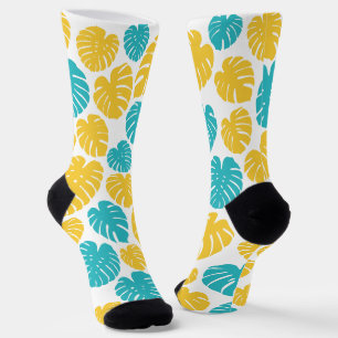Chaussette Feuilles Monstera en Turquoise, Jaune et Blanc