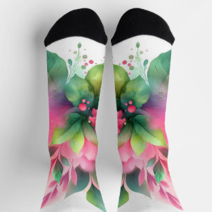 Chaussette Fleur botanique aquarelle rose vert