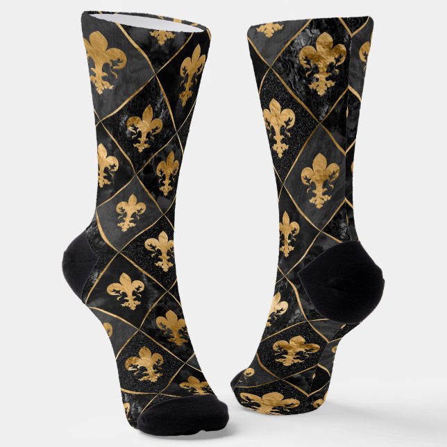 Chaussette Fleur de lis pattern Black Marble and Gold (Angulaire)