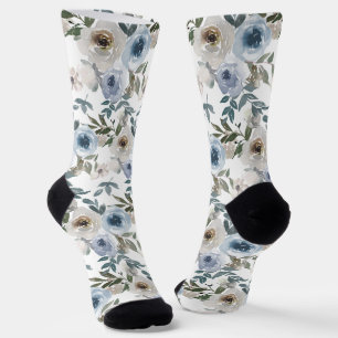 Chaussette Fleur Motif Aquarelle Rose Bleue 
