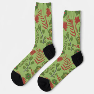 Chaussette Fleur motif, branche, feuille fleurie verte sans s