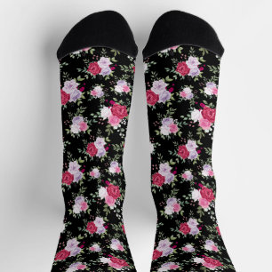 Chaussette Fleur rouge et rose chic sur noir élégant