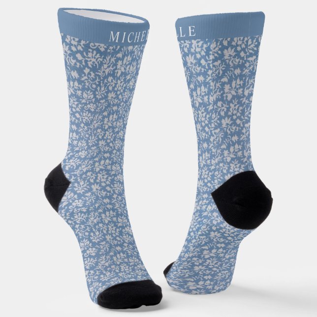 Chaussette Fleurs blanches en acier bleu floral (Angulaire)