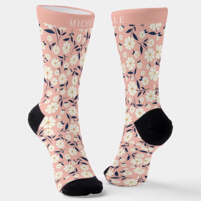Chaussette Fleurs blanches florales roses personnalisées (Angulaire)