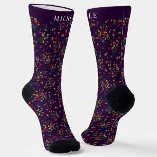 Chaussette Fleurs blanches jaunes et violettes personnalisées