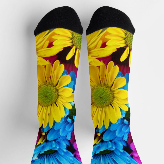 Chaussette Fleurs colorées, marguerites - Rose Jaune Bleu (Haut)