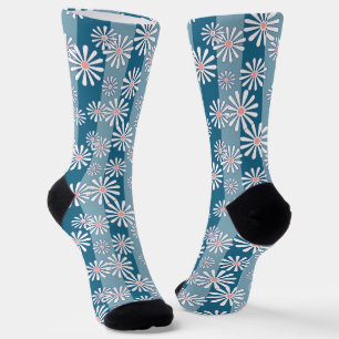 Chaussette Fleurs de camomille blanches sur fond bleu rayé