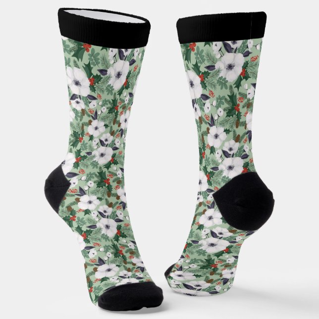 Chaussette Fleurs de Noël blanches et motif de baies rouges (Angulaire)