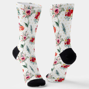 Chaussette Fleurs de Noël et motif evergreens