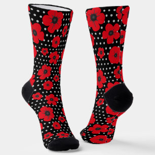 Chaussette Fleurs de pavot rouge sur les points noirs et blan