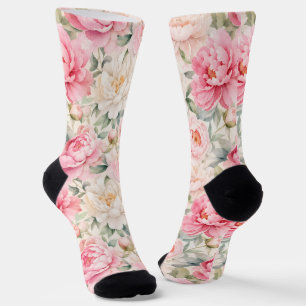 Chaussette Fleurs de pivoine à l'aquarelle pastel doux
