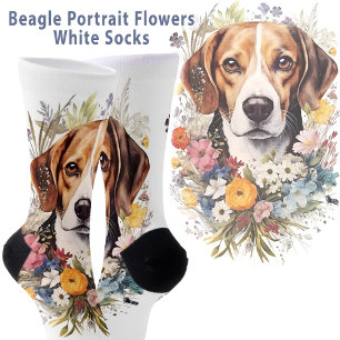 Chaussette Fleurs de Portrait beagles blanches