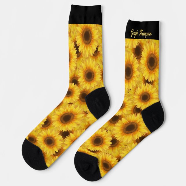 Chaussette Fleurs de soleil jaune vif avec nom d'équipage (Gauche)