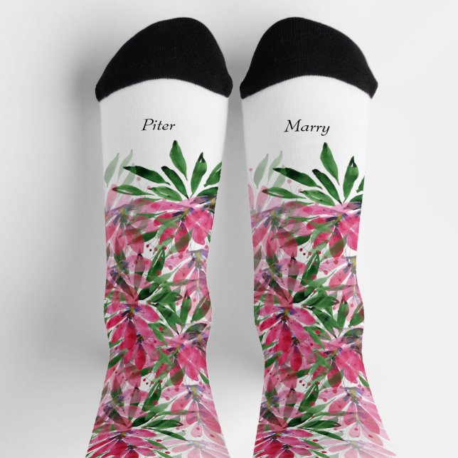 Chaussette Fleurs Fleurie Boho Aquarelle Monogramme (Haut)