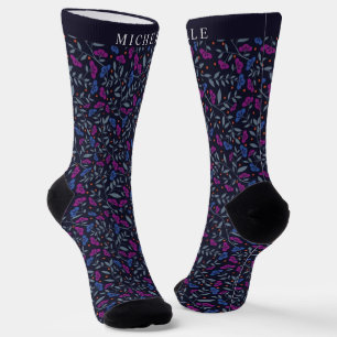 Chaussette Fleurs Flore Noire Foncé Violet Bleu Personnalisée