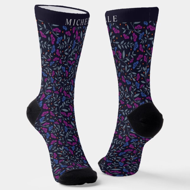 Chaussette Fleurs Flore Noire Foncé Violet Bleu Personnalisée (Angulaire)