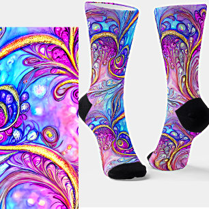 Chaussette Fleurs fractales Mauve Bleu Or