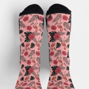 Chaussette Fleurs motifs et feuilles flamands roses