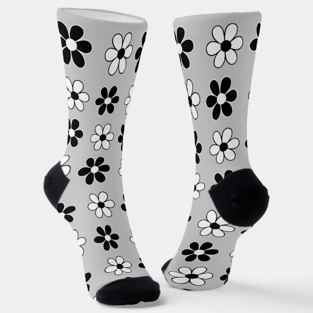 Chaussette Fleurs noires et blanches modernes sur gris argent (Angulaire)
