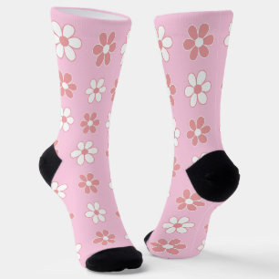 Chaussette Fleurs roses et blanches modernes sur fond rose cl