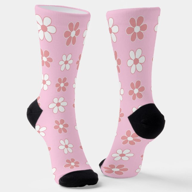 Chaussette Fleurs roses et blanches modernes sur rose clair (Angulaire)