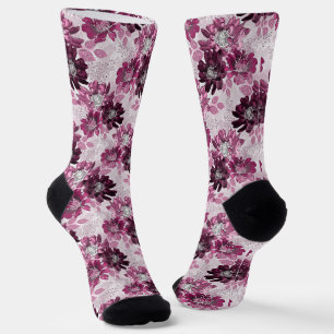 Chaussette Fleurs roses et bordeaux sur rose poussiéreux