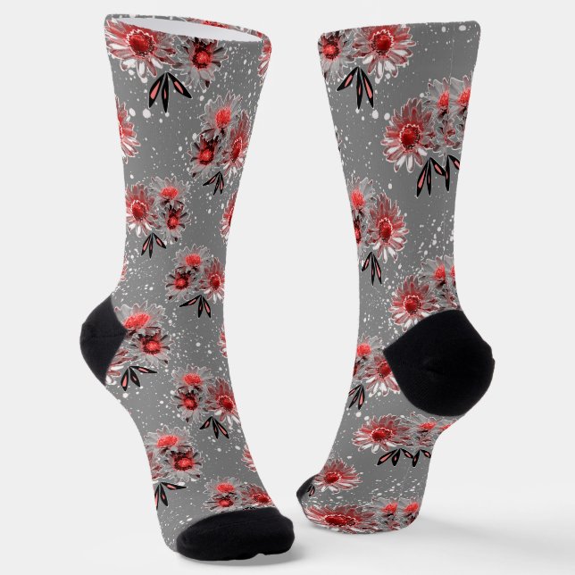 Chaussette Fleurs rouges sur gris (Angulaire)