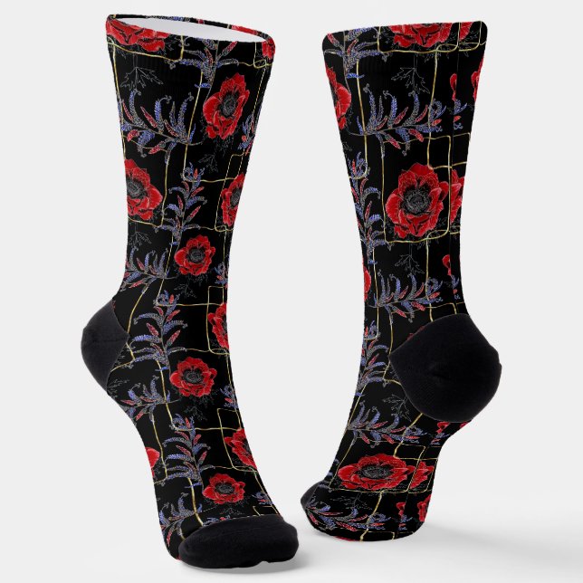 Chaussette Fleurs rouges sur le noir. (Angulaire)