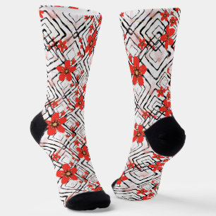 Chaussette Fleurs rouges sur un arrière - plan blanc et noir.