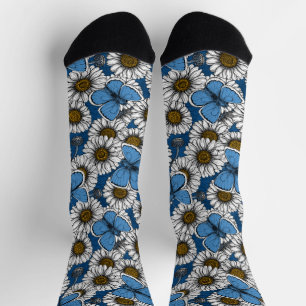 Chaussette Fleurs sauvages blanches et papillons bleus