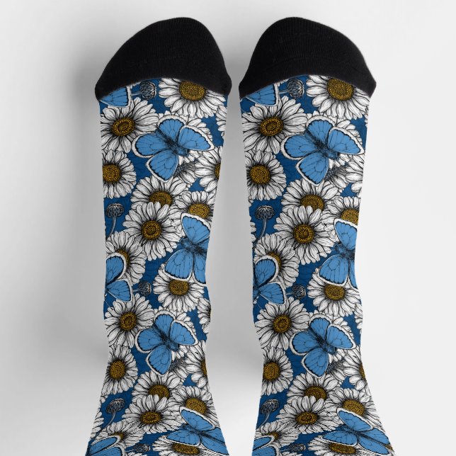 Chaussette Fleurs sauvages blanches et papillons bleus (Haut)