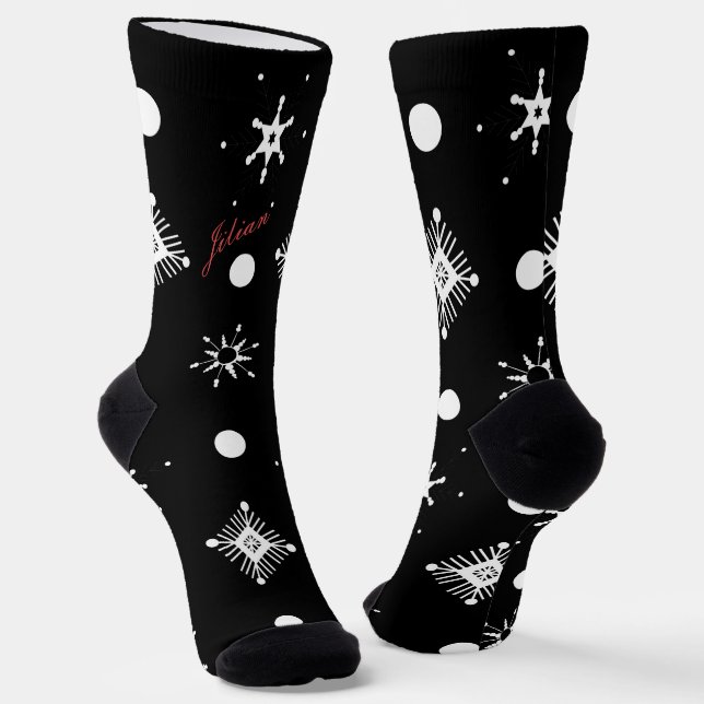 Chaussette Flocons de Noël Noir Blanc Nom Script Rouge (Angulaire)