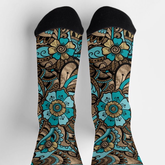 Chaussette Floral Paisley Motif - turquoise et or (Haut)