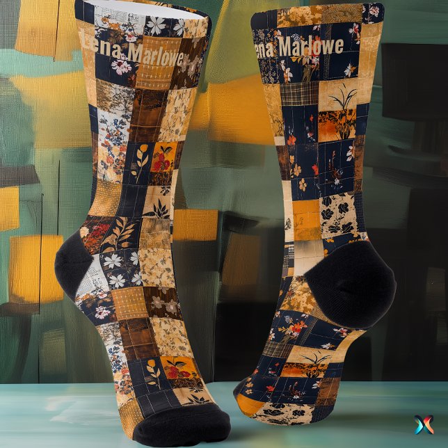 Chaussette Floral Patchwork Socks – Custom Golden and Navy  (Créateur téléchargé)