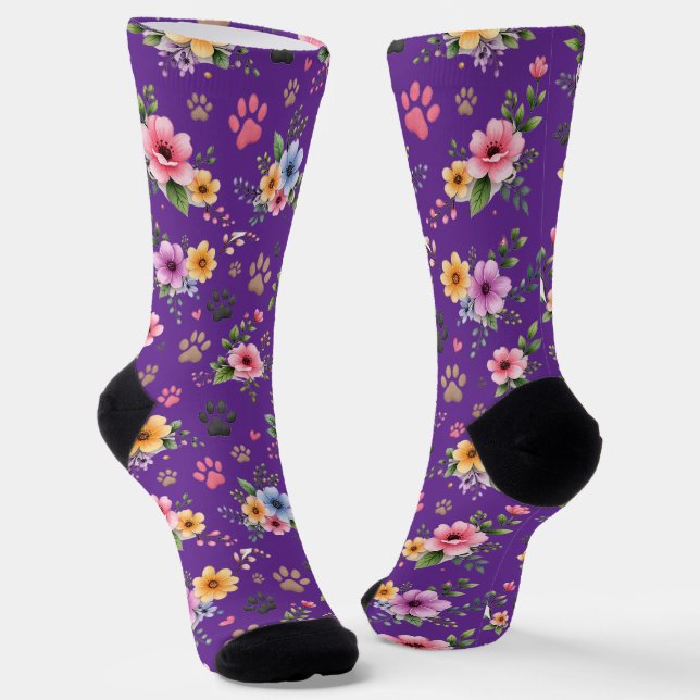 Chaussette Floral & Paw Print Pattern Socks – Cute Pastel Pet (Angulaire)