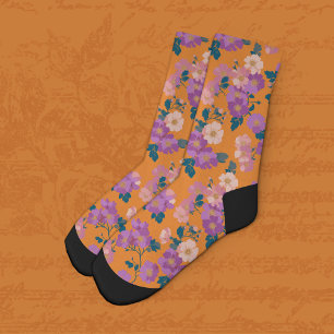 Chaussette Floral rose et violet moderne sur orange