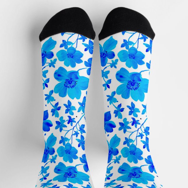 Chaussette Flore botanique en bleu profond et blanc (Haut)