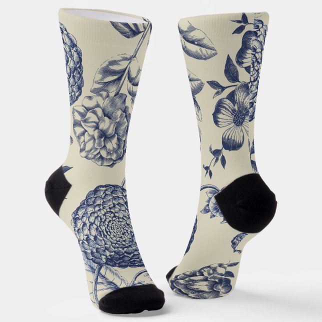 Chaussette Flore d'impression florale de fleurs bleues antiqu (Angulaire)