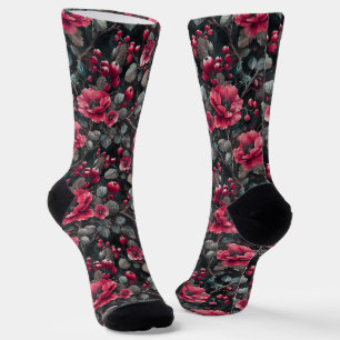 Chaussette Framboise, fleurs bordeaux sur gris foncé