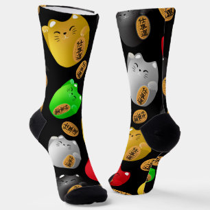 Chaussette Fun Coloré Maneki-neko chats motif sur noir