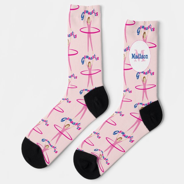 Chaussette Fun Gymnastics text Pink hula hoop girl Monogram (Gauche)