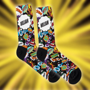 Chaussette Fun Nom Personnalisé Comic Book Noir