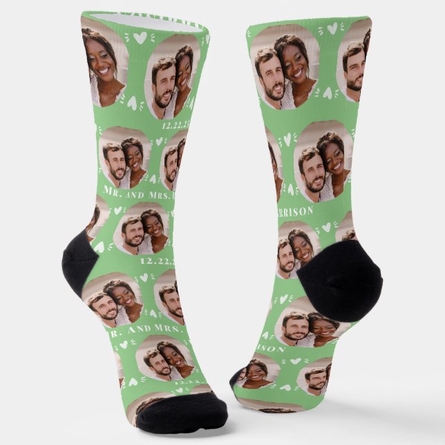 Chaussette Fun Sage Green Newlyweets Photo Motif Mariage (Angulaire)