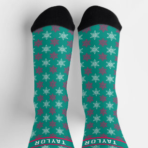 Chaussette Fun Snowflakes Motif Nom personnalisé Rouge Blanc