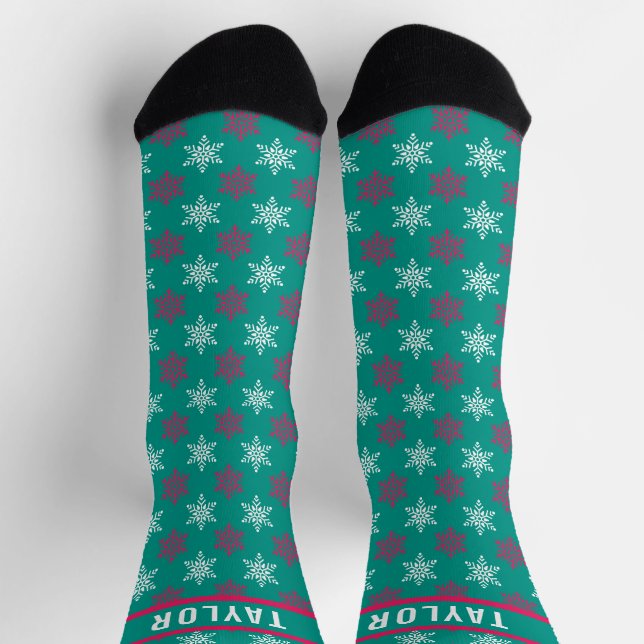 Chaussette Fun Snowflakes Motif Nom personnalisé Rouge Blanc  (Haut)