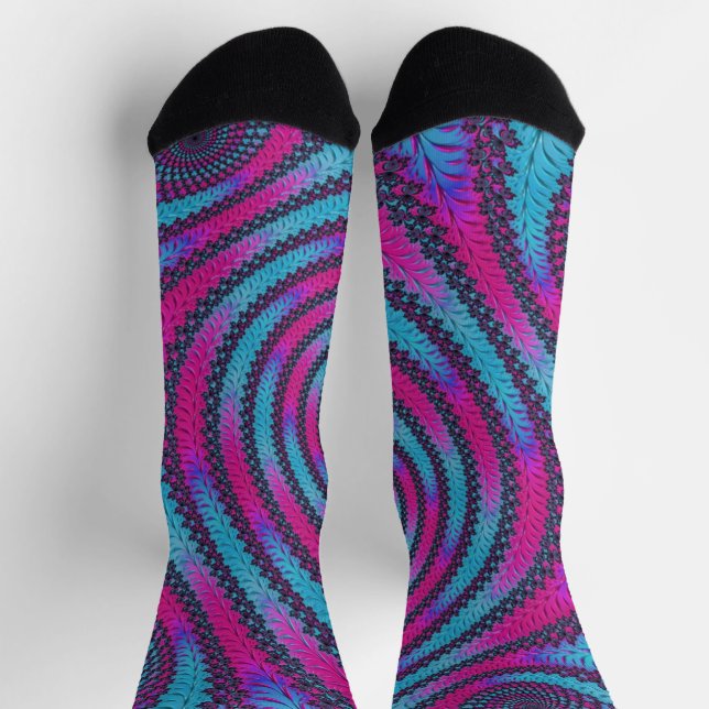 Chaussette Funky néon vibrant Magenta et cyan spirale fractal (Haut)