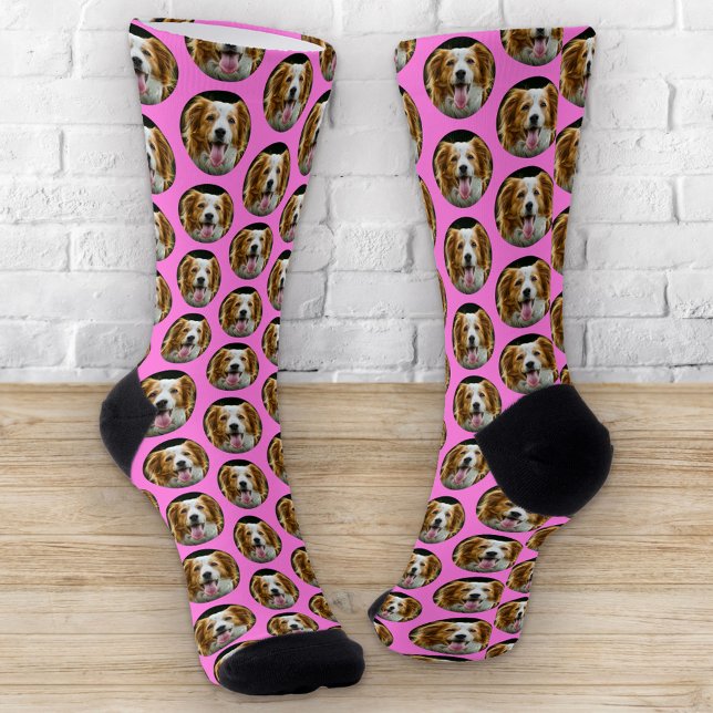 Chaussette Funny Custom Pet Photo Grid Motif Humour rose (Créateur téléchargé)