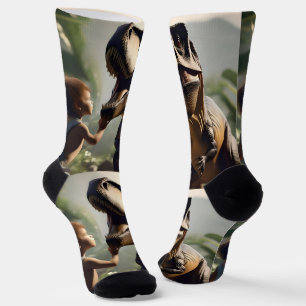 Chaussette Géant doux : Le T-Rex amical qui aime un chat