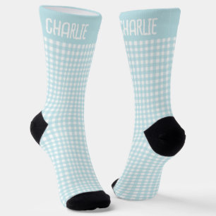 Chaussette Gingham Bleu et Carreaux Blancs Nom Personnalisé R