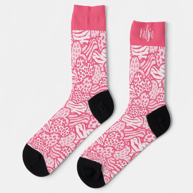 Chaussette Girly Blush Rose mignon Animal Imprimer Coeurs Nom (Gauche)